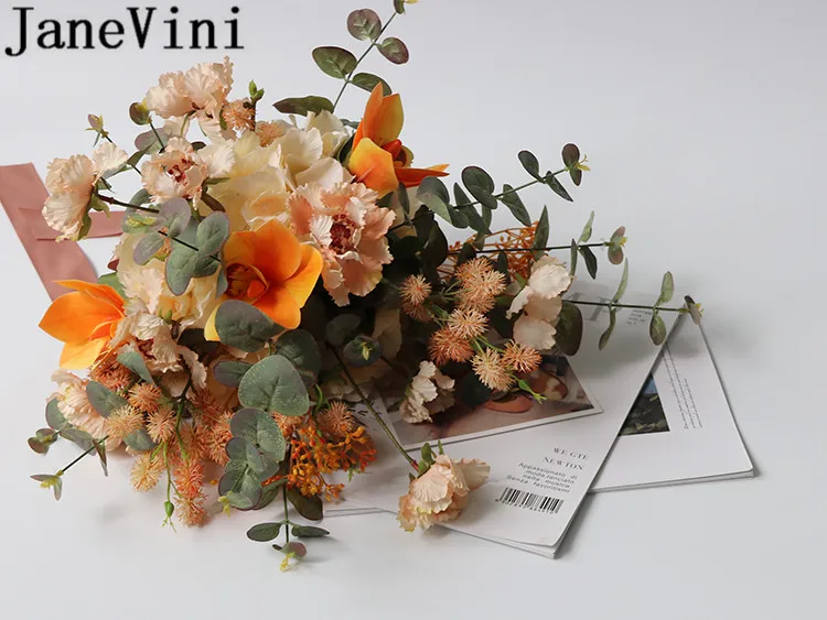 JaneVini 2019 оранжевые свадебные букеты для подружек невесты Cymbidium Eucalyptus Свадебный