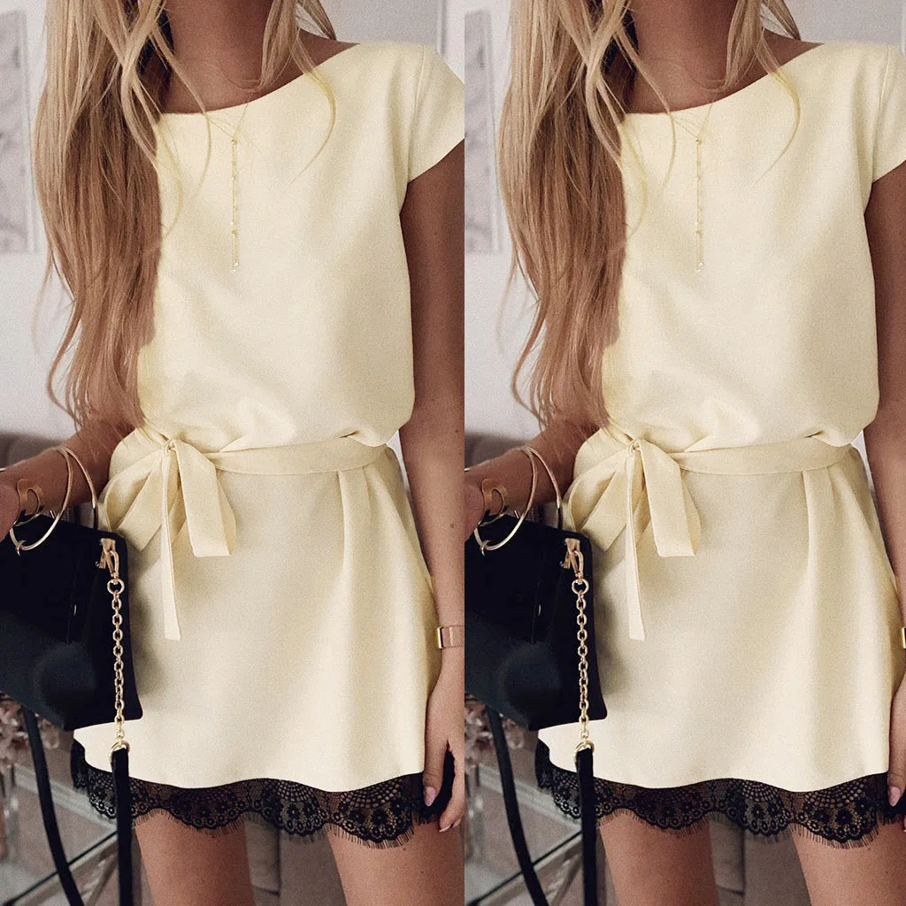 Женское платье с круглым вырезом кружевное мини коротким рукавом лето 2019|Женские