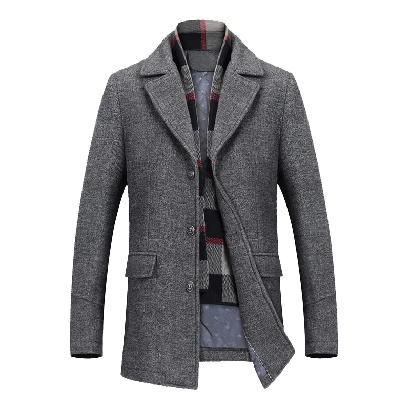 

Wool Coat for Men's Winter Coats Thick Cotton Wool Jackets Male Casual Fashion Slim Fit Long Jacket Scarf Men Outwear Plus Size