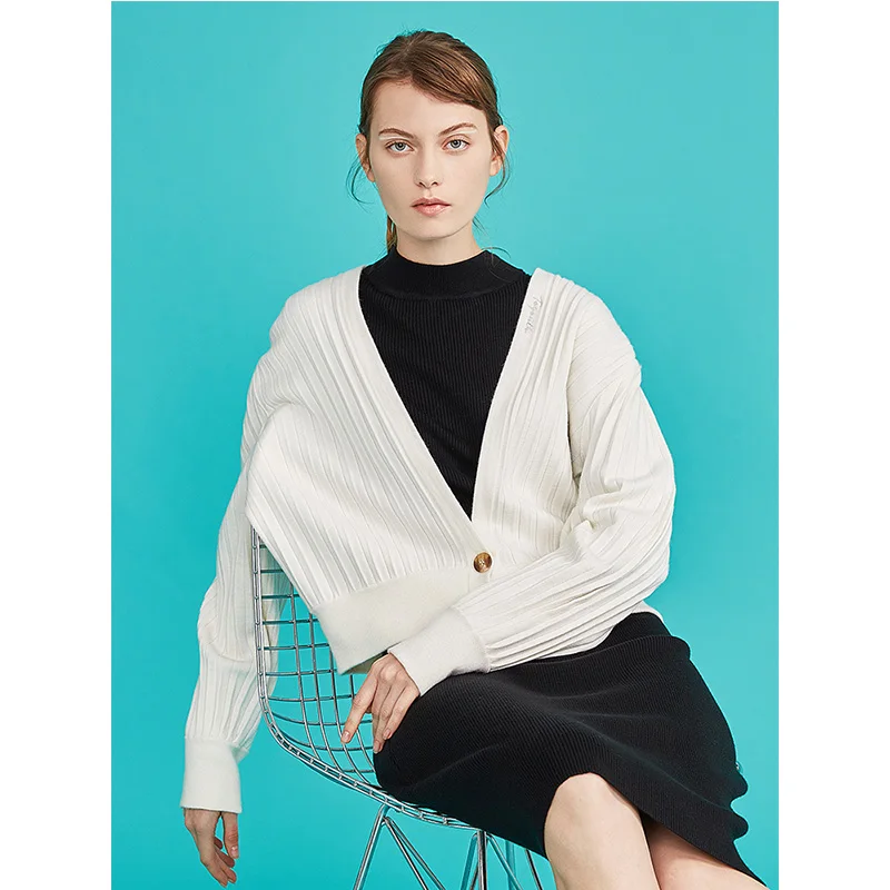 Toyouth New Solid V neck Autumn Short Cardigan Women Oversized Sweater Lantern Sleeve Cardigans Female Elegent Striped Tops| |