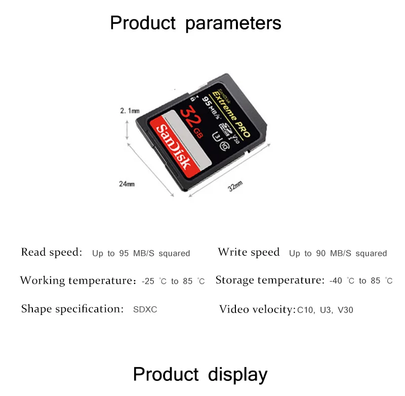 Карта памяти SanDisk Extreme Pro, 32 ГБ, 64 ГБ, 128 ГБ, SDHC, SDXC, UHS-I, класс 10, 95 м/с, поддержка U3, 4 K, для цифровой камеры