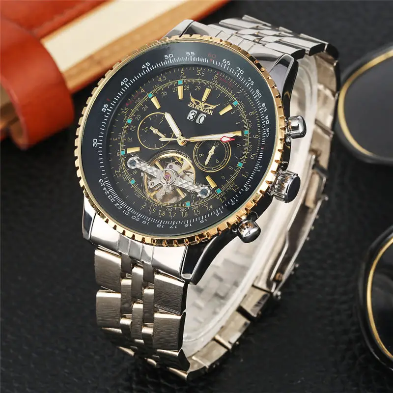 

Fashion Skeleton Mechanical Watch Stainless Steel Automatic Watches Dual Dial Luminous Hands Calendar Male Clock uhren herren