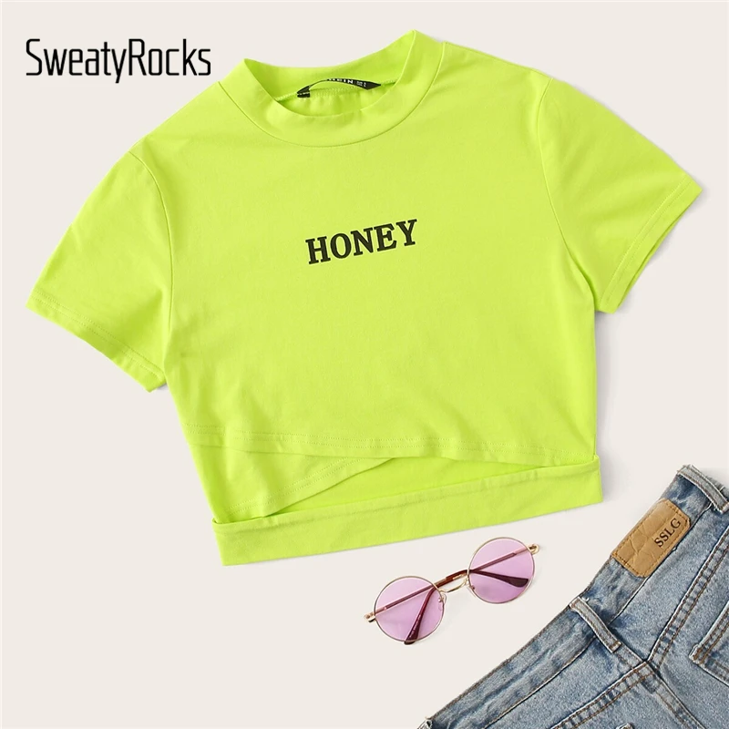 SweatyRocks, неоновый Лайм, надпись, укороченная футболка, женская уличная одежда, тройники, лето, тянущиеся тонкие футболки, повседневная женская сексуальные вершины