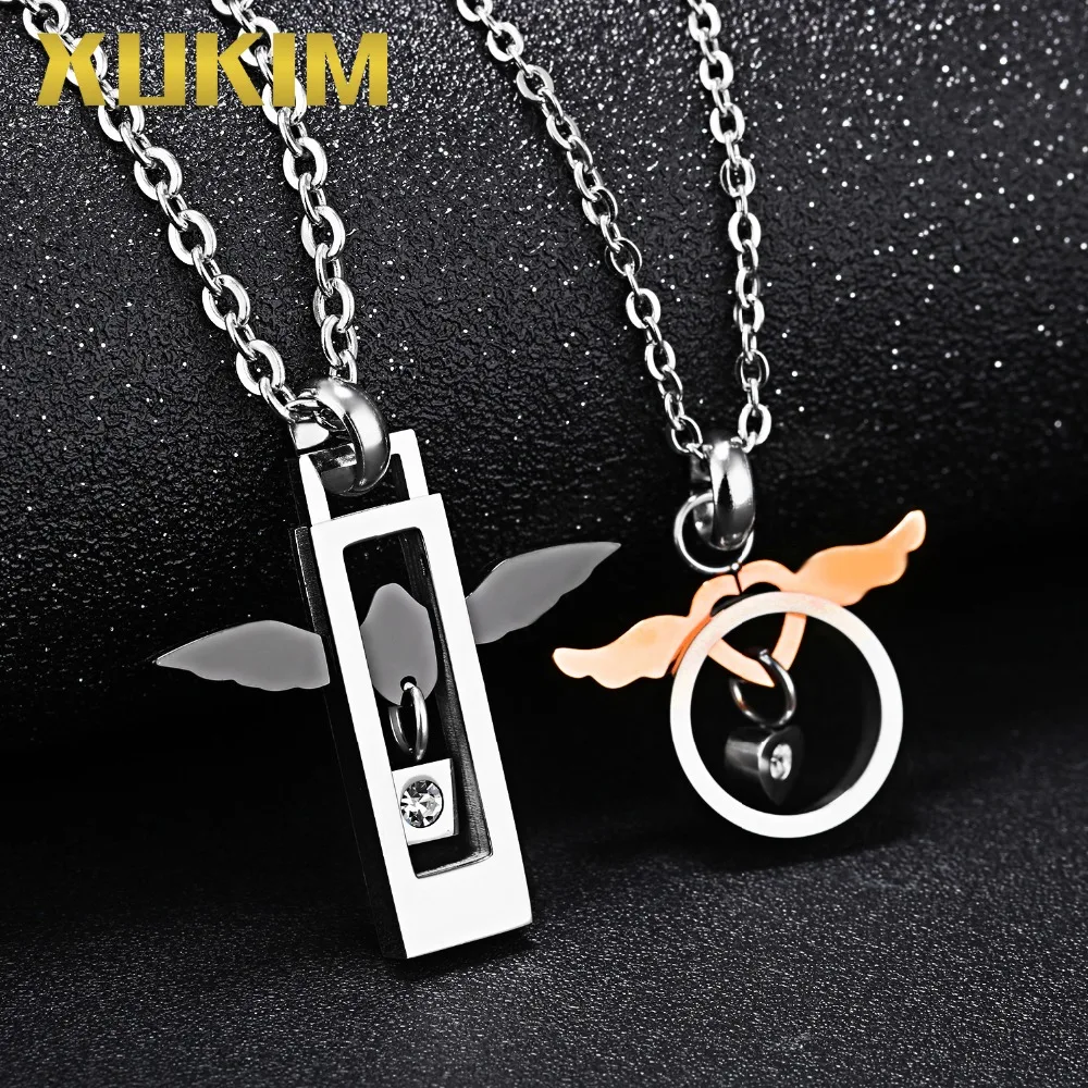 Xukim Jewelry Punk 316L Stainless Steel Titanium Angle Wings Love Heart Pendant Necklace Gifts for Lover Couples | Украшения и