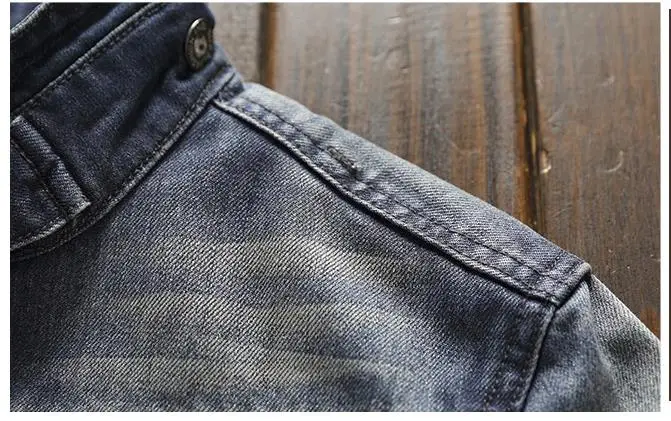 Для мужчин's джинсовые куртки Slim Fit Настоящее байкерское пальто Винтаж молния Стенд воротник мото куртки Прямая
