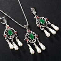 turkish jewelry mosaic green red top resin crystal tibetan silver wedding necklace and earing pearl set girls necklaces pendants