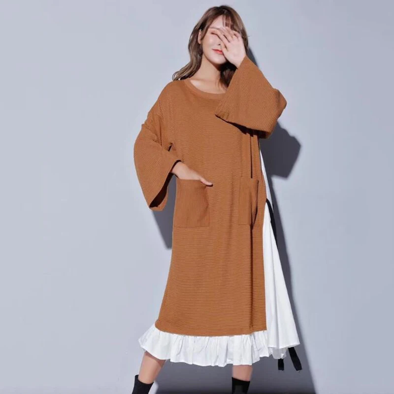 CHICEVER хит цвета платье женское о образный вырез с длинным рукавом Свободные