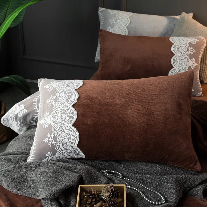

Luxury Brown Pink Blue Yellow Flannel Winter Thick Bedding set White Lace Fleece fabric Duvet cover Bed Sheet/Linen Pillowcases