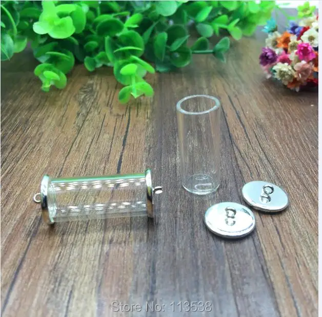 

50sets/lot 28*12mm tube glass globe silver plated color cover button base set no filler glass vail bottle dome necklace pendant