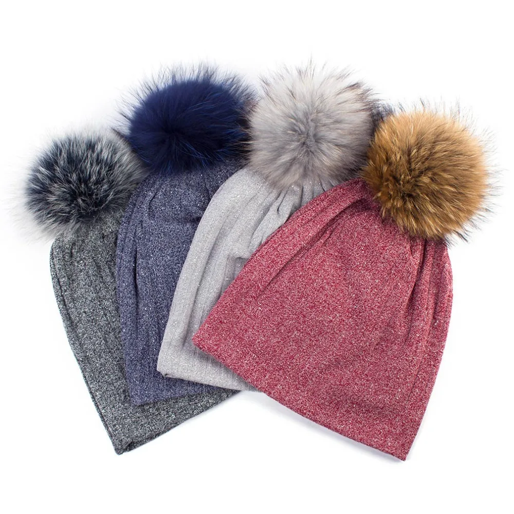 

Geebro Spring Women's Ribbed Beanies with Raccoon Fur Pompom Autumn Cotton Solid Stripe Hats For Ladies Skullies Beanie Cap