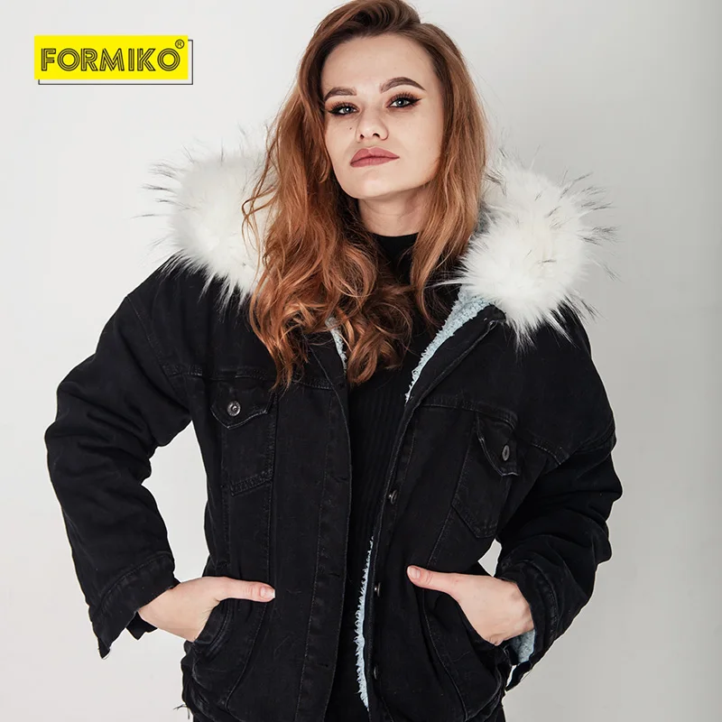 Черный Formiko Для женщин Зимняя утепленная джинсовая куртка для девочек; пальто из искусственного меха Меховой Воротник из флиса с капюшоном, унисекс, джинсовое пальто женское Теплые; больших размеров Размеры 4XL Джинсовая Верхняя одежда - Цвет: Черный