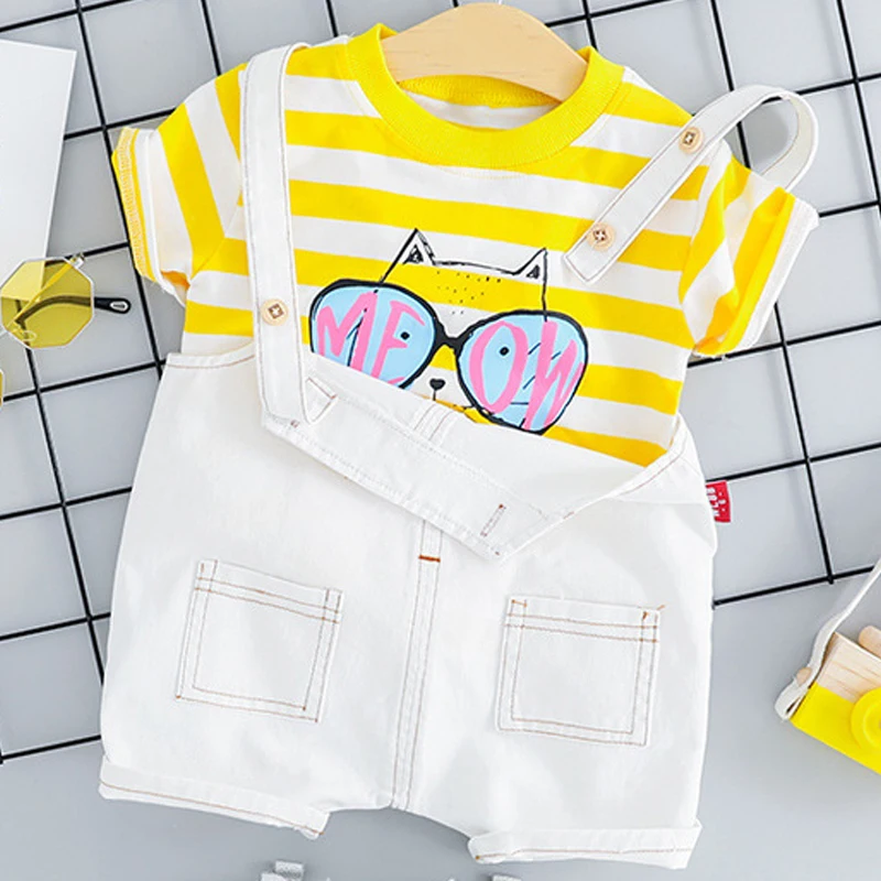 AZ2130 yellow Bear Leader/комплект летней одежды для маленьких мальчиков полосатая футболка для мальчиков с рисунком кота+ комбинезон детская одежда Детский комплект - Цвет: AZ2130 yellow