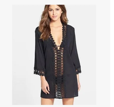 Женское кружевное платье с V-образным вырезом свободное короткое в пляжном стиле