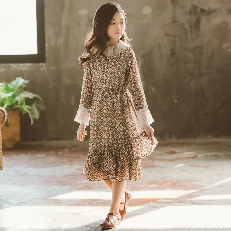 6 to 16 years kids &amp teenager girls long sleeve geometric print tulle trumpet dress children girl fashion chiffon clothes | Детская