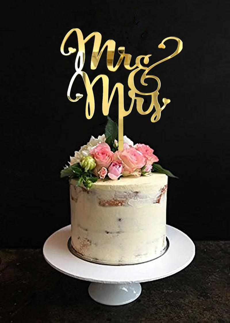Зеркальный золотой свадебный торт Mr & Mrs Топпер для свадебных декораций золотые