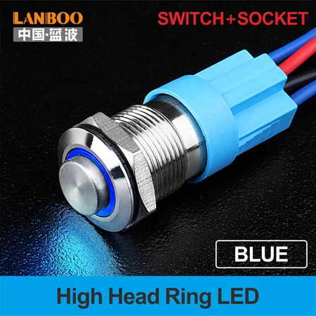 BLUE (HIGH RING) LANBOO 12 мм водонепроницаемый выключатель без фиксации металлический дверной Звонок кнопочный переключатель светодиодный с переключателем и разъемом - Цвет: BLUE (HIGH RING)