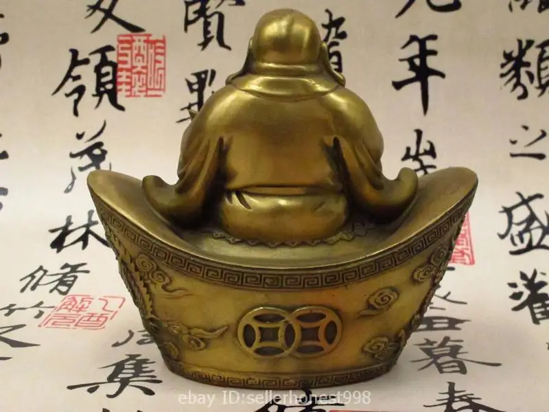 Китайский медный счастливый Майтрейя Будда сидячая статуя Dragon Phoenix YuanBao|statue|statues