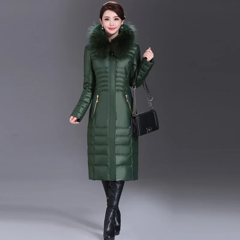 Green AYUNSUE зимняя куртка на утином пуху, женское длинное тонкое пальто, женские пуховики с натуральным меховым воротником размера плюс 5XL WYQ800 - Цвет: Green