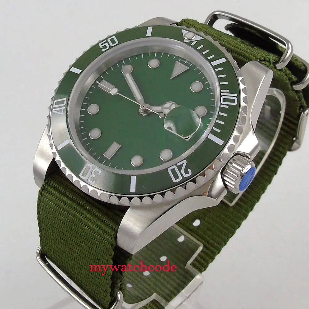 

40MM Bliger Green Sterile Dial Sapphire Crystal Automatic Mens Watch Nylon Strap Date Indicator Ceramic Bezel High Quality