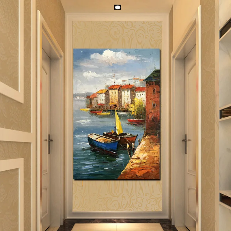 YWDECOR ручная роспись Морской порт деревня холст с лодкой Масляные картины 60x90 см