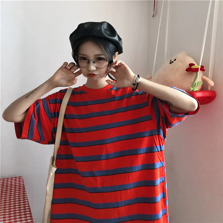 Женская футболка с короткими рукавами normcore летняя в полоску круглым вырезом