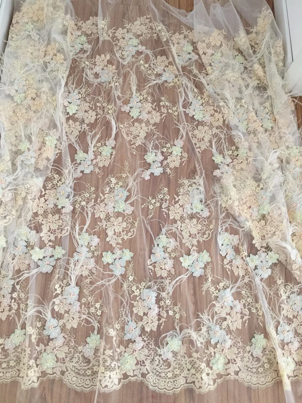 Роскошная 3D жемчужная бисерная кружевная ткань с перьями и Пастельной вышивкой