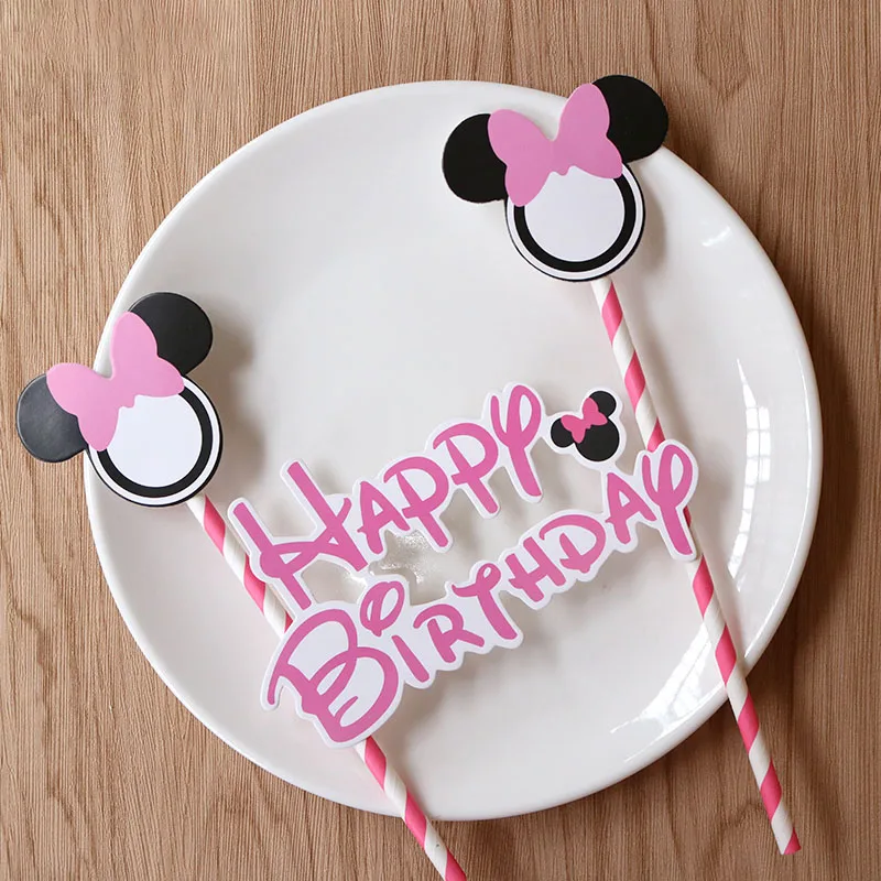 Pink Minnie Минни торт Топпер с бумажной соломинкой для детского душа украшения Anniversaire Микки флажки для торта вечерние кекс - Цвет: Pink Minnie