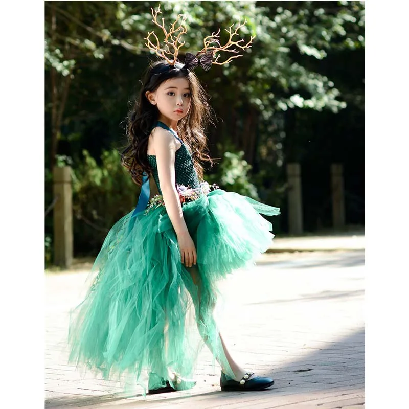 only dress Зеленое сказочное платье-пачка с цветочным рисунком для девочек; карнавальный костюм на Хеллоуин Пурим; костюм для дня рождения; детское платье для подиума с цветком ручной работы - Цвет: only dress