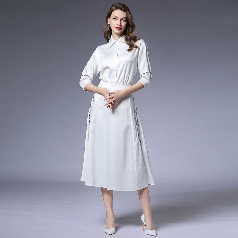 

BLLOCUE 2019 Autumn New Fashion Designer Embroidery Two Piece Set Women Office White Shirt Top + Long A-Line Skirt Sets