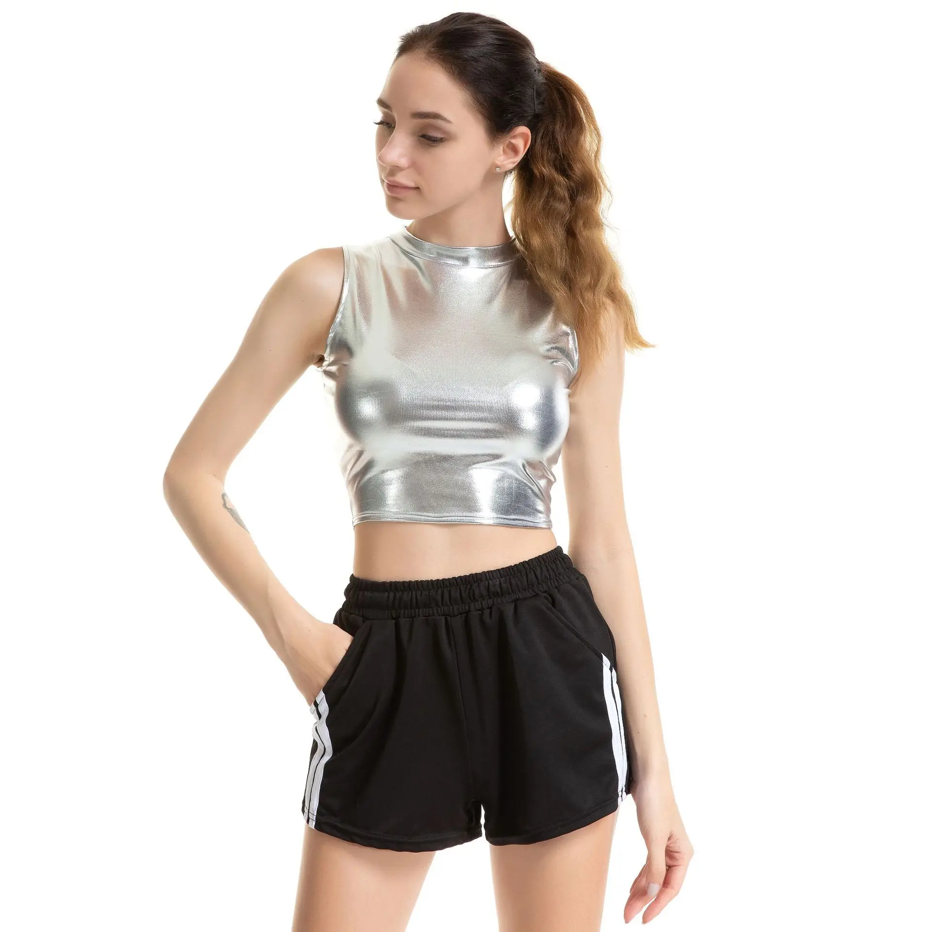 Женские с мокрым эффектом imitaion кожа Танк Bralette Топы женские короткие укороченный