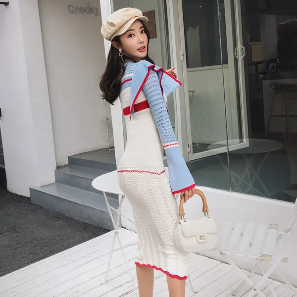 Debowa Spring Women Knitted Sweater Dress Ruffles Package Hip Bottom Contrast Color Elegant Flare Sleeve Office Lady | Женская одежда