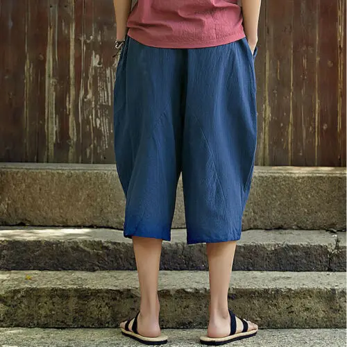 Летние мужские повседневные хлопковые льняные свободные шаровары с завязками в