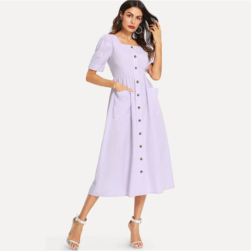 Dotfashion/платье с пышными рукавами и карманами на пуговицах, женская одежда, повседневное летнее платье-рубашка с квадратным вырезом и высокой талией