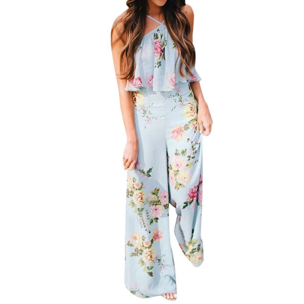 light blue Летние женские комбинезоны с перекрещивающимися бретелями с цветочным принтом без рукавов с открытой спиной Boho комбинезон длинные широкие брюки боди - Цвет: light blue
