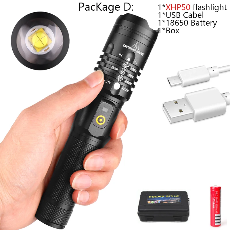 D 60000LM мощный светодиодный фонарик XHP50, фонарик с usb-зарядкой, светодиодный фонарь lanter, 1*18650 Аккумулятор для кемпинга, велосипедная лампа - Испускаемый цвет: D