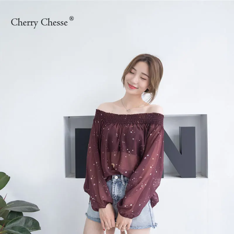 Cherry Chesse 2018 Для женщин топы прозрачный шифон Slash рубашка с принтом звезд рубашки Sexy