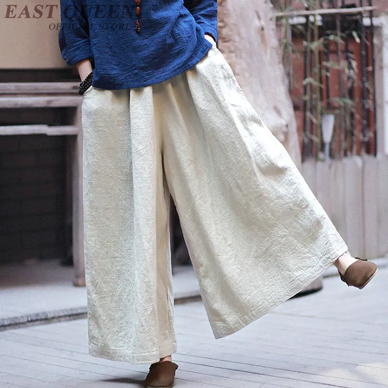 

Chinese style linen Palazzo culotttes femme wide leg pants women female loose baggy ladies elegant pants trousers FF1268