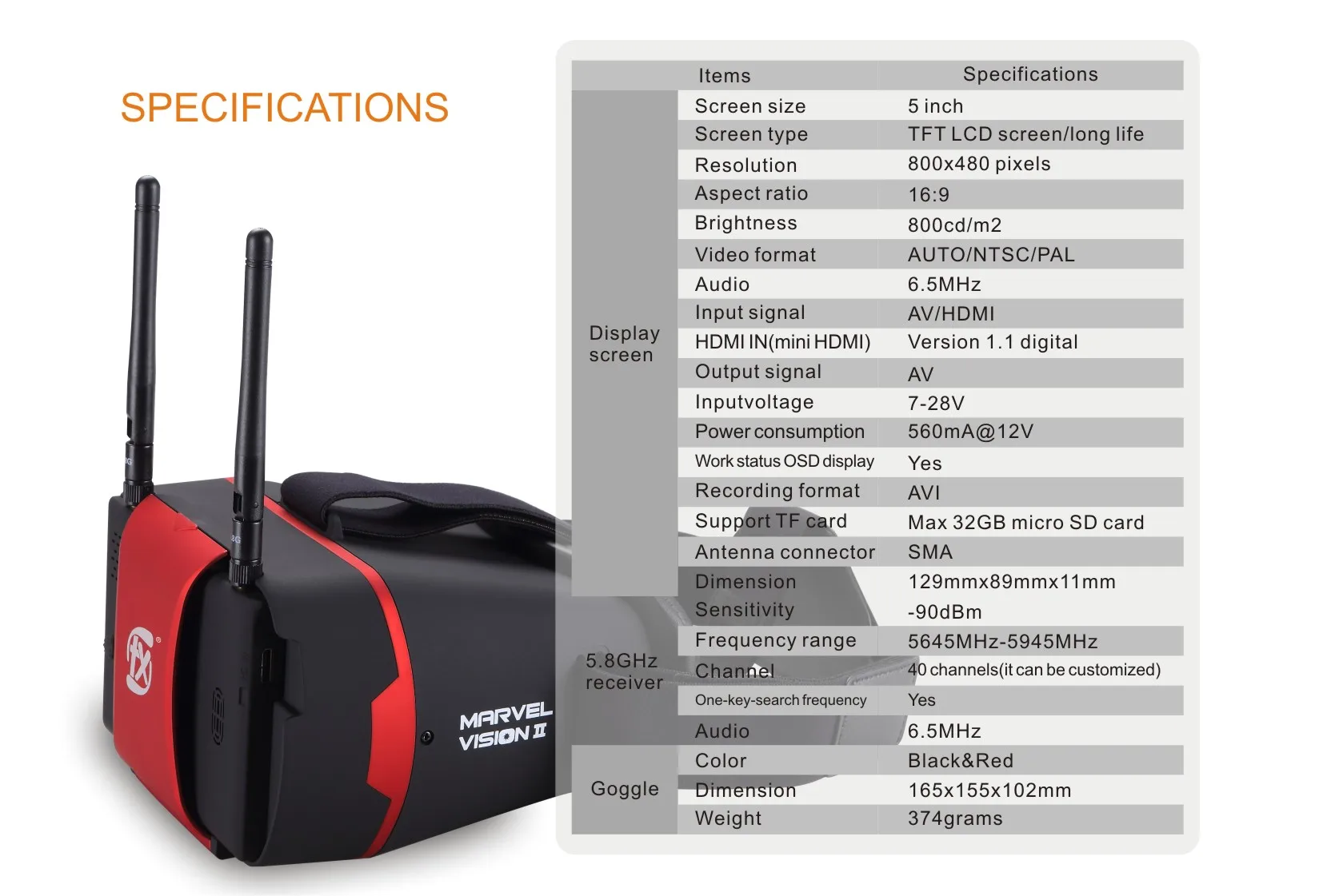 FXT с героями комиксов Марвел, Vision II V2 5,8 GHz различные FPV Защитные Очки W/DVR со съемной 5 дюймов ЖК-дисплей монитор для небольшой гоночный Дрон с видом от первого лица RC самолет