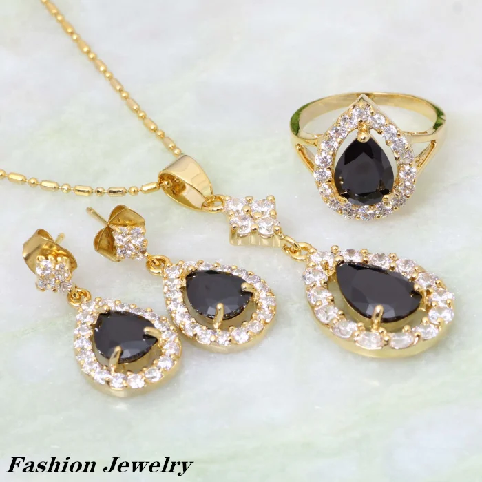 Желтое золото черный фианит кулон/кольцо/серьги Модный Ювелирный Набор Размер 6 5
