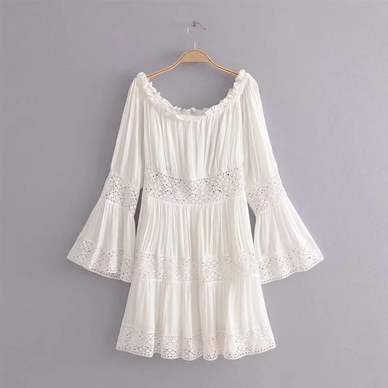 yinlinhe Lace White Summer Dress Long Sleeve Off Shoulder Women Sexy Hollow Out Slash Neck Elegant Vestidos 393 | Женская одежда