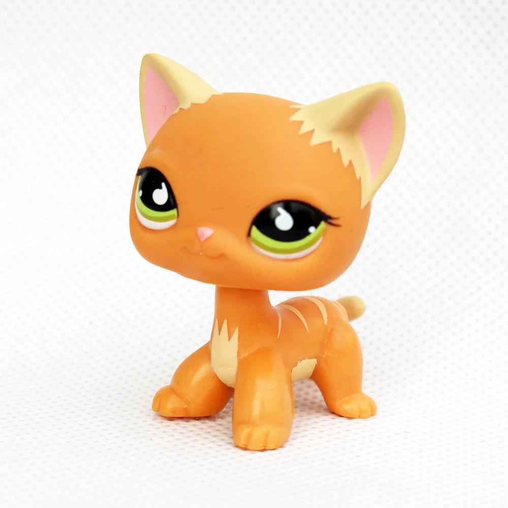 LPS кошка настоящие игрушки стоят в оранжевой полоску с зелеными глазами старые