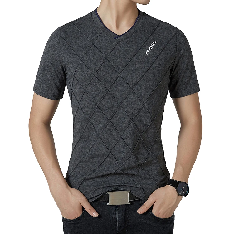 dark gray t-shirt BROWON брендовые Летние повседневные мужские футболки с коротким рукавом и v-образным вырезом, эластичная мужская одежда с ромбическим узором - Цвет: dark gray t-shirt