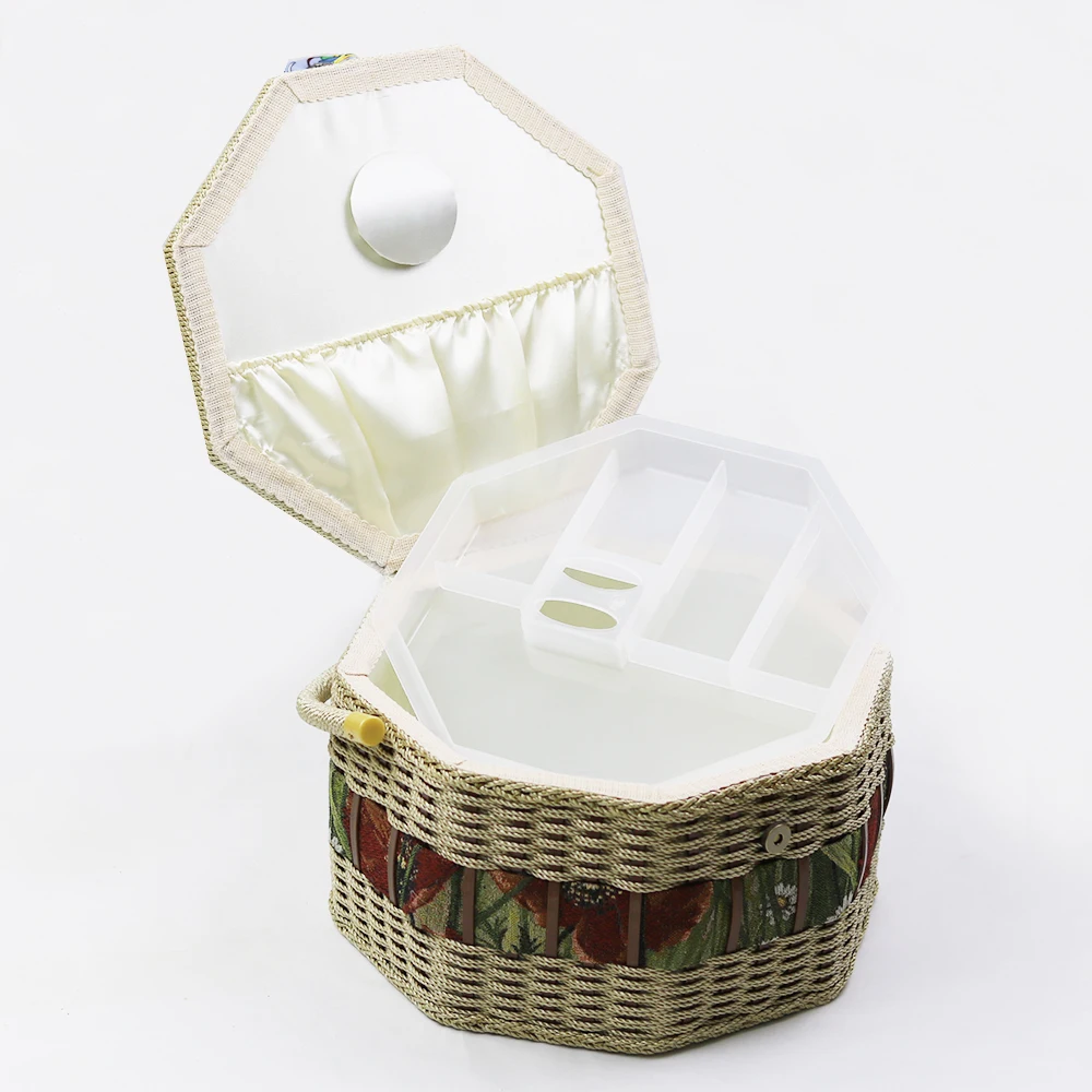 Винтажная восьмиугольная швейная корзина с швейными комплектами деревянная и