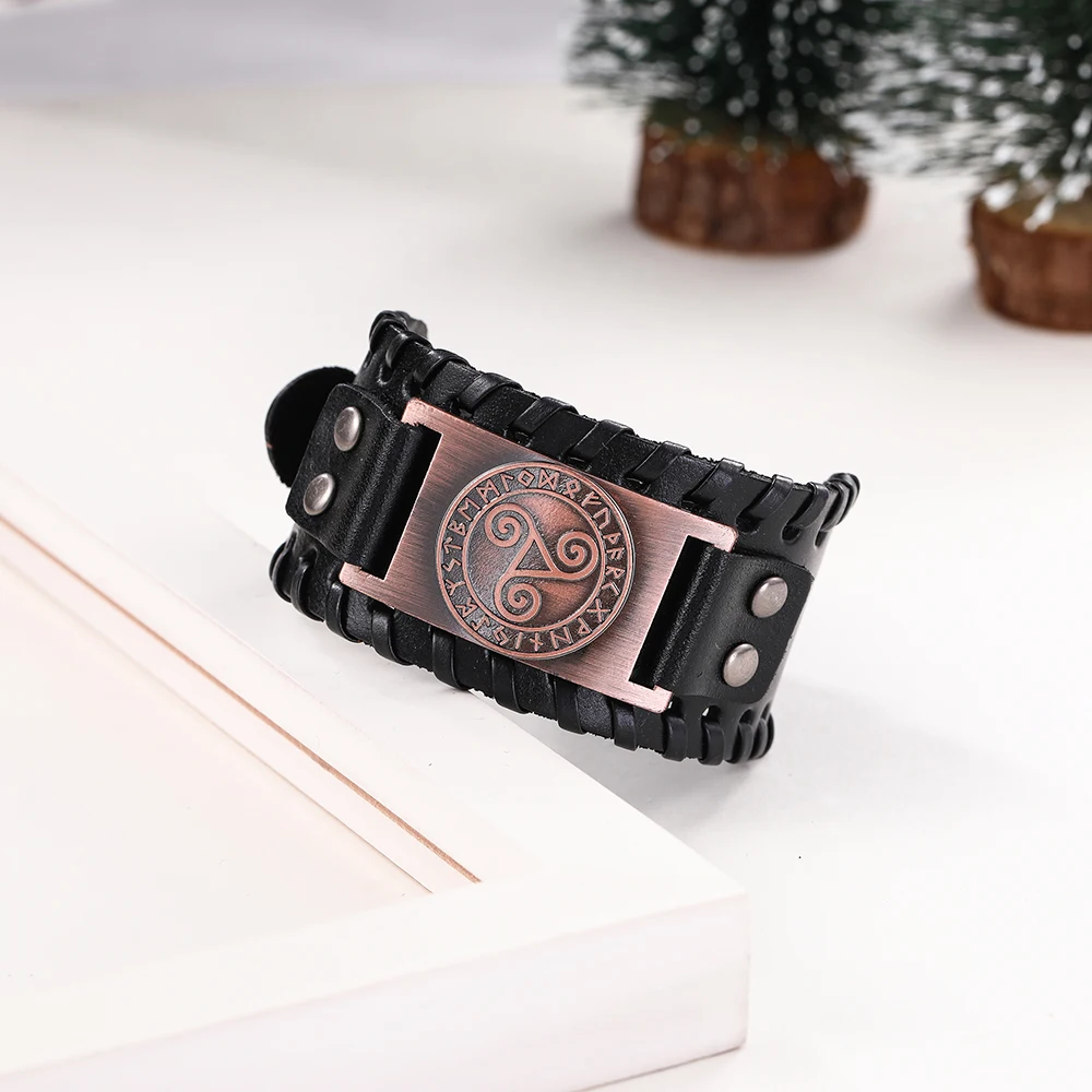 Винтажный Браслет манжета из натуральной кожи с символом Triskel браслет Wicca 24 руны