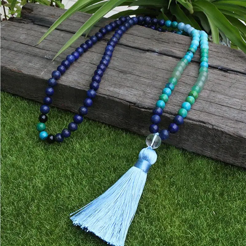 Necklace 8 мм лазурит и авантюрин JaPaMala бусы ожерелье, синий Nacklace, 108 шарик мала, Mala ювелирные изделия, йога класс молитва ювелирные изделия - Окраска металла: Necklace