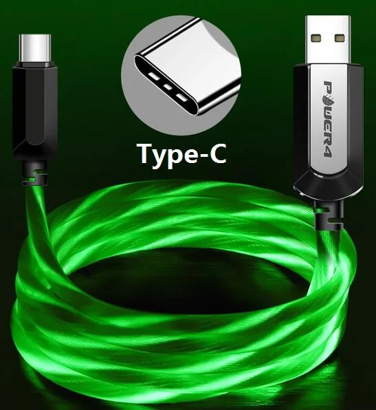 Type C-Green Power4 с подсветкой Micro USB C зарядный кабель для iPhone samsung Led usb type-C зарядный провод для Lightning Apple светящийся кабель - Цвет: Type C-Green