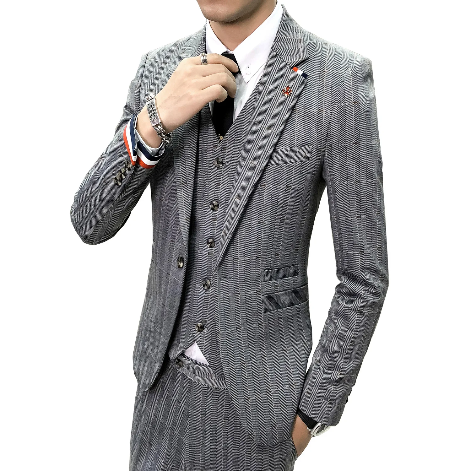 

Traje Elegante De Hombre Man Slim Gray Herringbone 3-piece Suits Mens Plaid Formal Set Suits (Blazers+Pants+Vest)