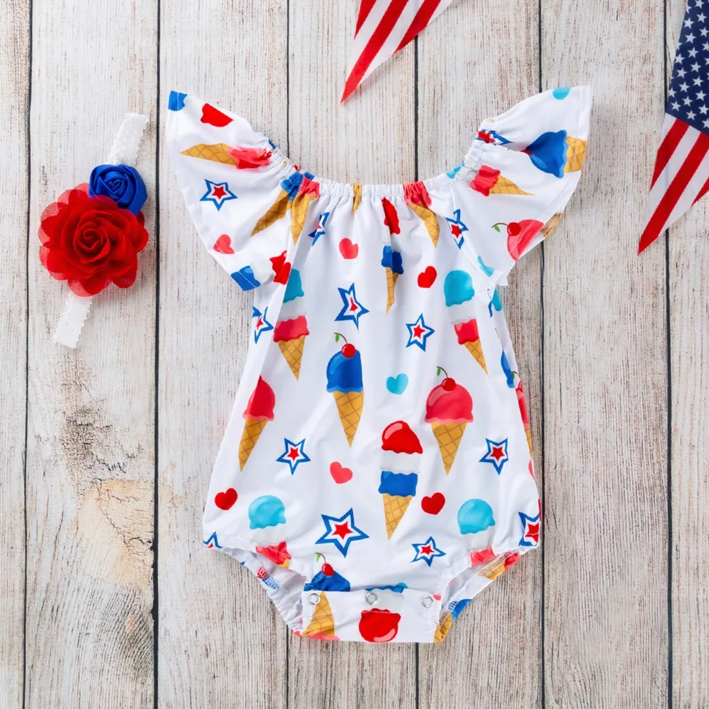 kid clothes baby Toddler Baby Girls 4th Of July Fly Sleeve Stars Print +Headbands Outfitshort sleeve bodysuit girl #06 | Мать и ребенок