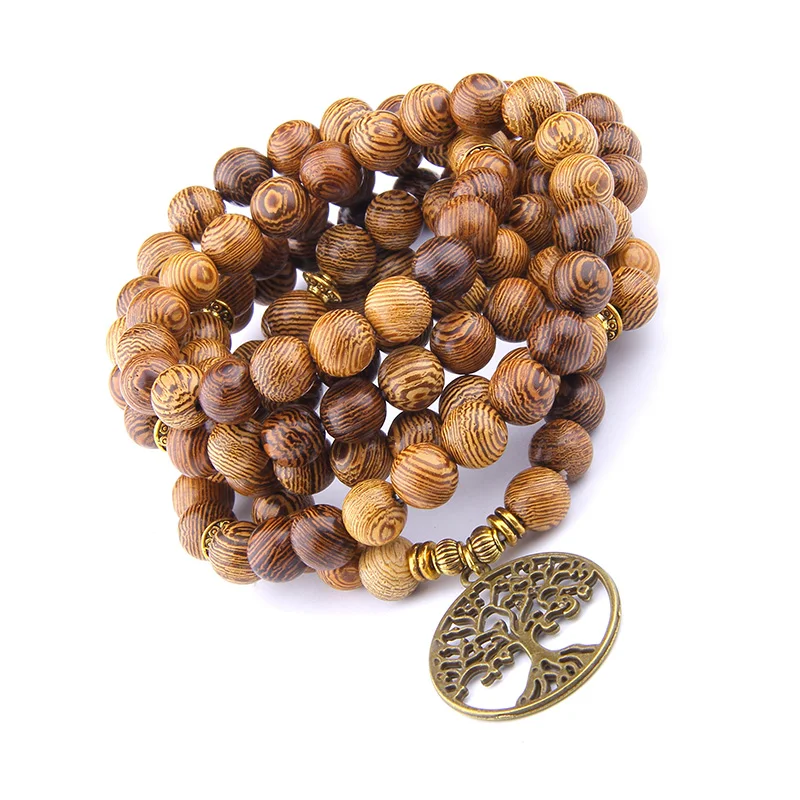 

Fashion Multilayer Prayer Beads Bracelet Tree of Life Pendant 108 Mala Charm Bracelet for Women Men Wooden Jewelry