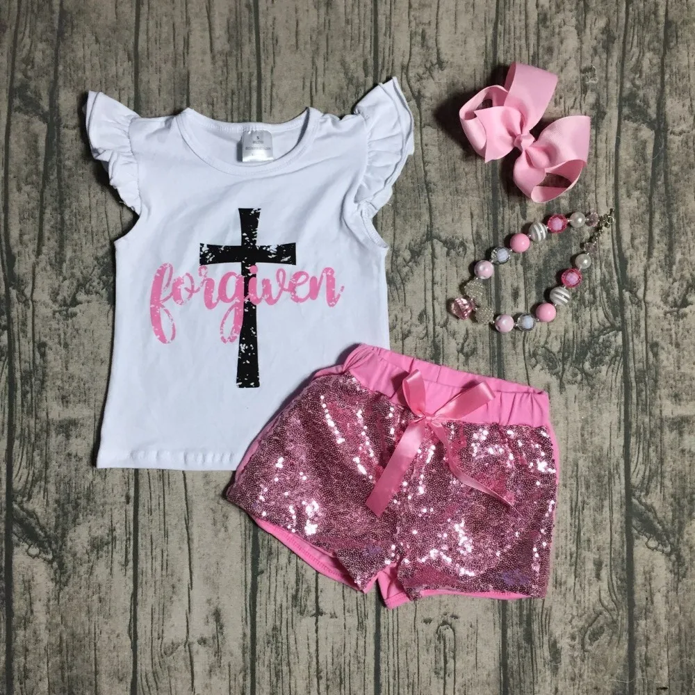 girls boutique summer clothing forgiven print top with light pink shorts sets outfits accessories | Детская одежда и обувь